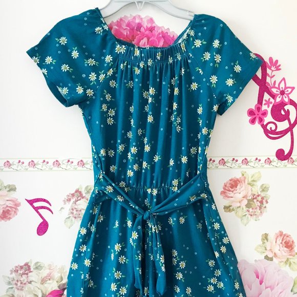 Heart and Burrow Girls Blue Green White Floral Daisy Romper 10 Summer One Piece - Picture 1 of 7